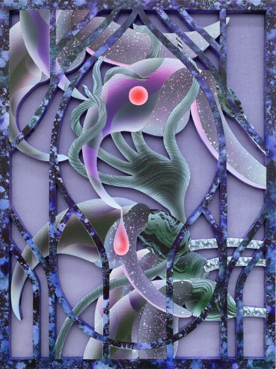 a painting on wood and black velvet of otherworldly green flowers behind an ornate barrier reminiscent of wrought iron