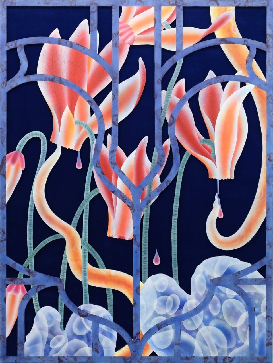 a painting on wood and black velvet of otherworldly bright orange flowers behind an ornate barrier reminiscent of wrought iron