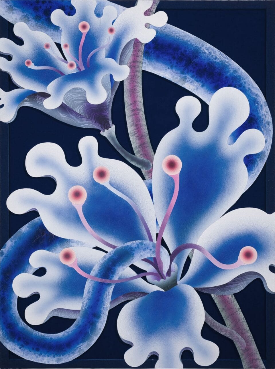 a wood and velvet painting of an otherworldly pair of blue flowers
