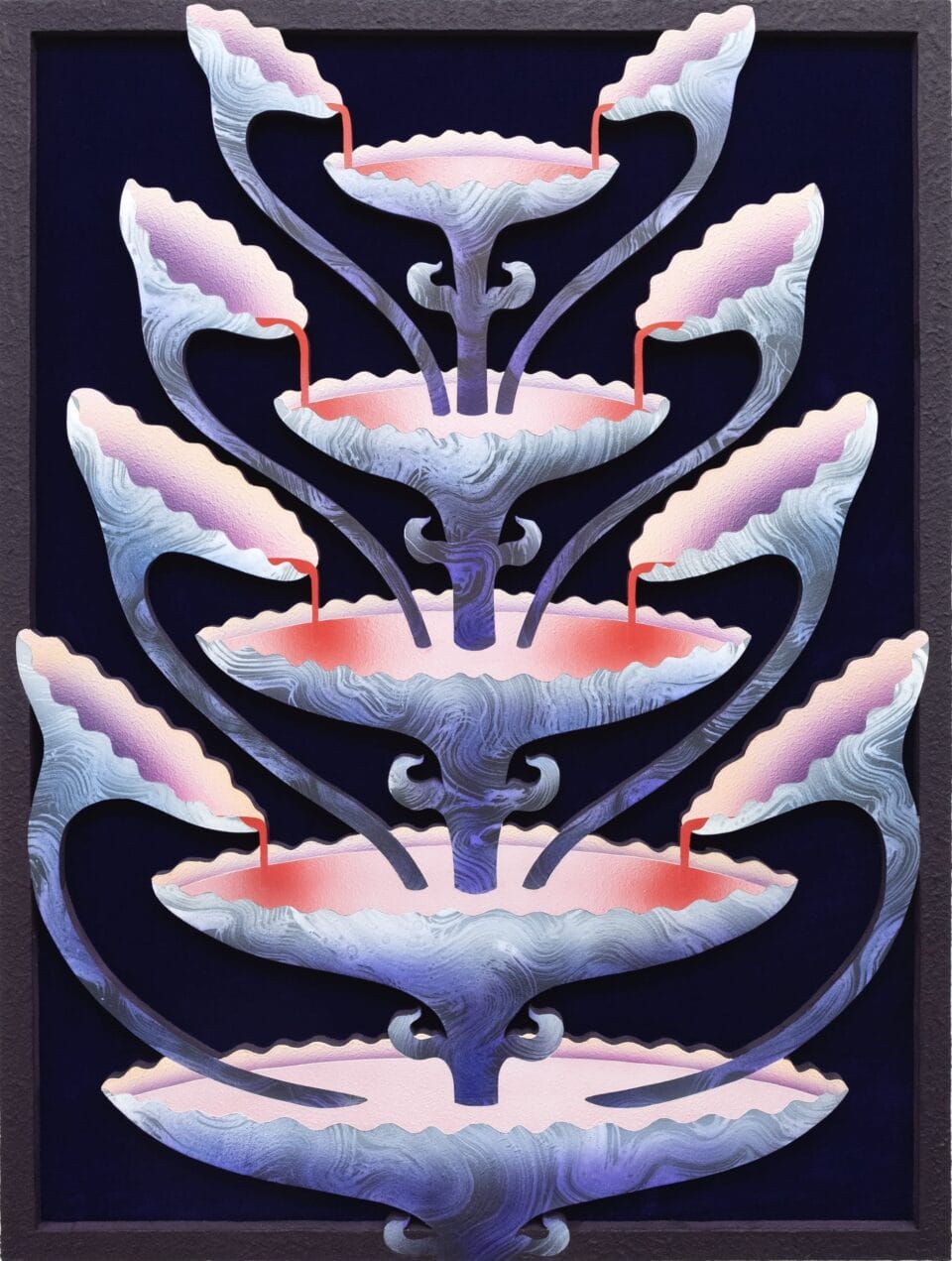 a wood and velvet painting of an otherworldly, fountain-like stack of shapes reminiscent of a bunch of flowers pouring red liquid into the center
