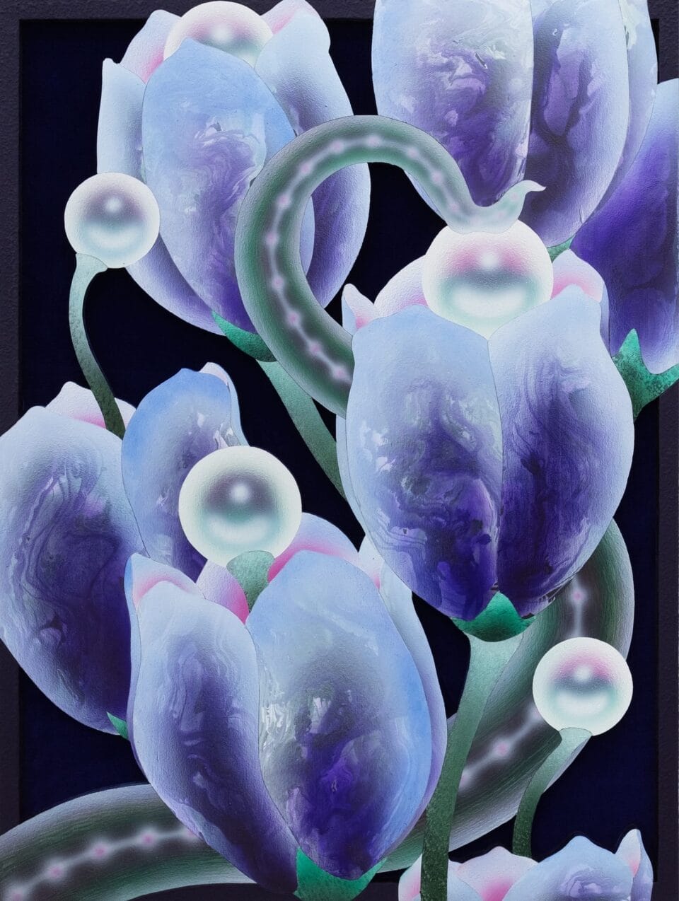 a painting on wood and black velvet of otherworldly purplish-blue flowers with pearl-like stamens