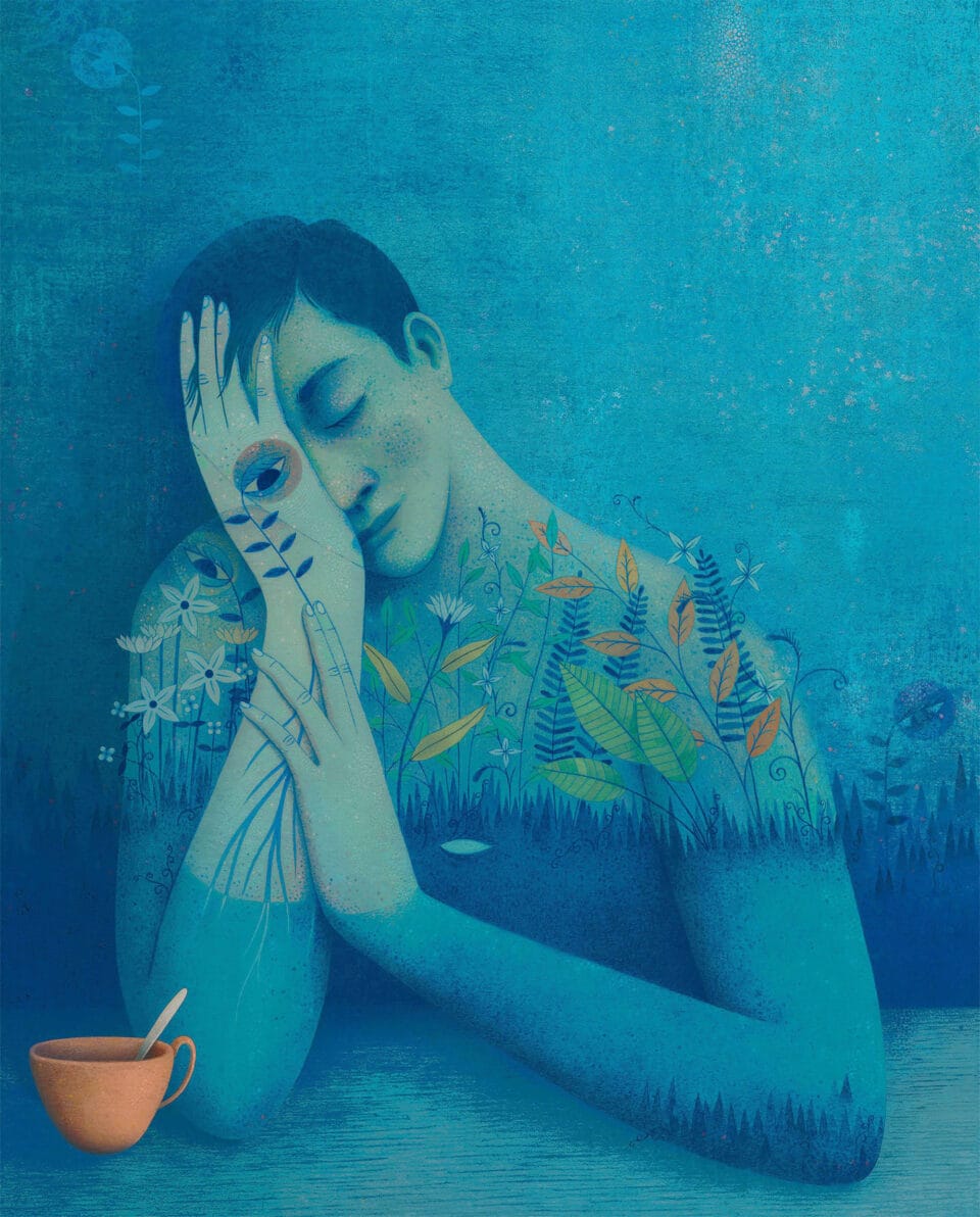 a man holding his hand up to his face. an eye appears on the back of his hand like a flower. plants grow across his torso