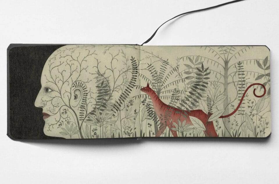 an open sketchbook showing a human face emerging from a lush garden of plants with a red cat prowling in its midst