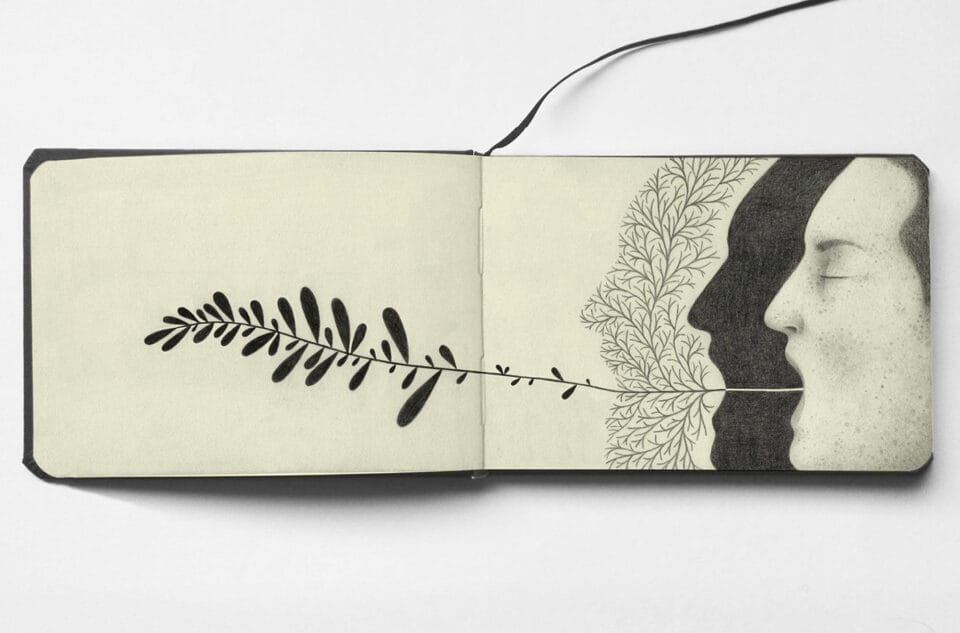 a leaf sprouts from the mouth of a human figure, whose form is repeated as a silhouette and plant rendering