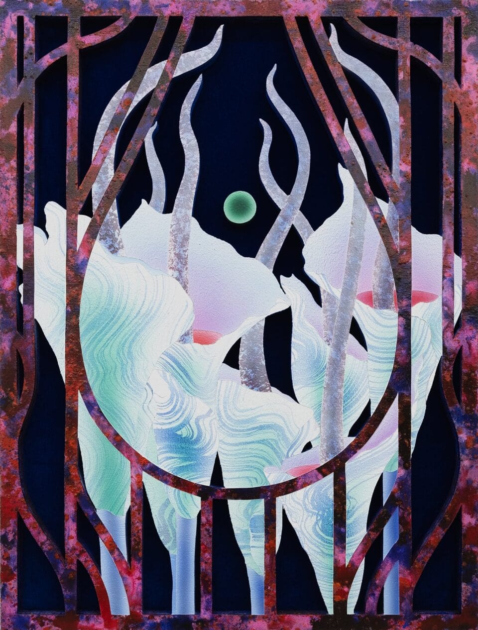 the side view of a painting on wood and velvet of otherworldly pink and blue flowers behind an ornate barrier reminiscent of wrought iron