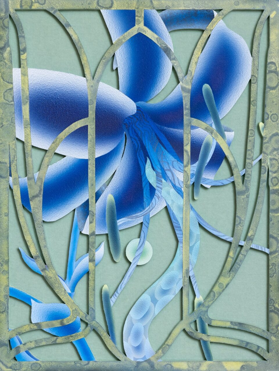 the side view of a painting on wood and velvet of otherworldly blue flowers behind an ornate barrier reminiscent of wrought iron