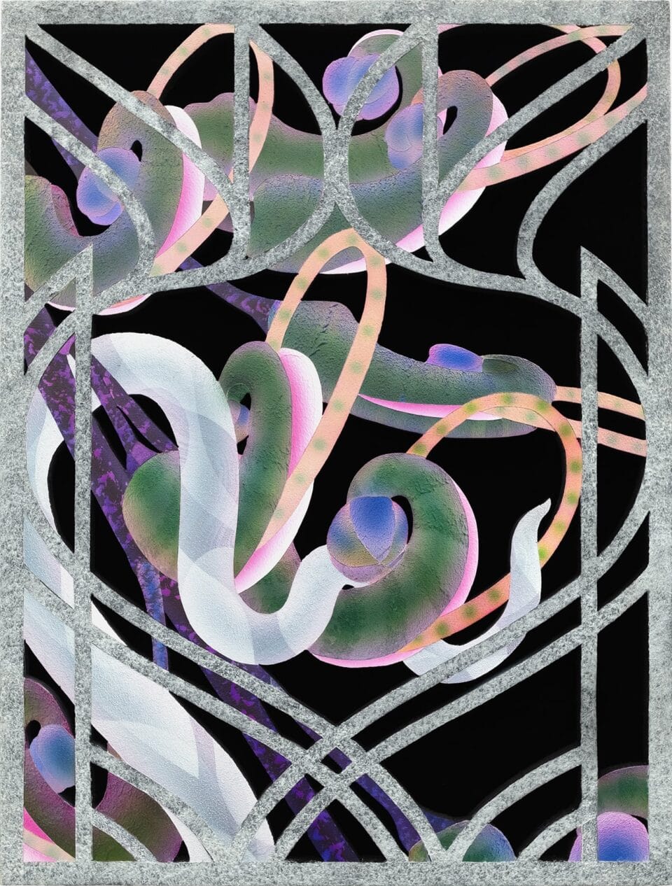 the side view of a painting on wood and velvet of otherworldly green and pink flowers behind an ornate barrier reminiscent of wrought iron