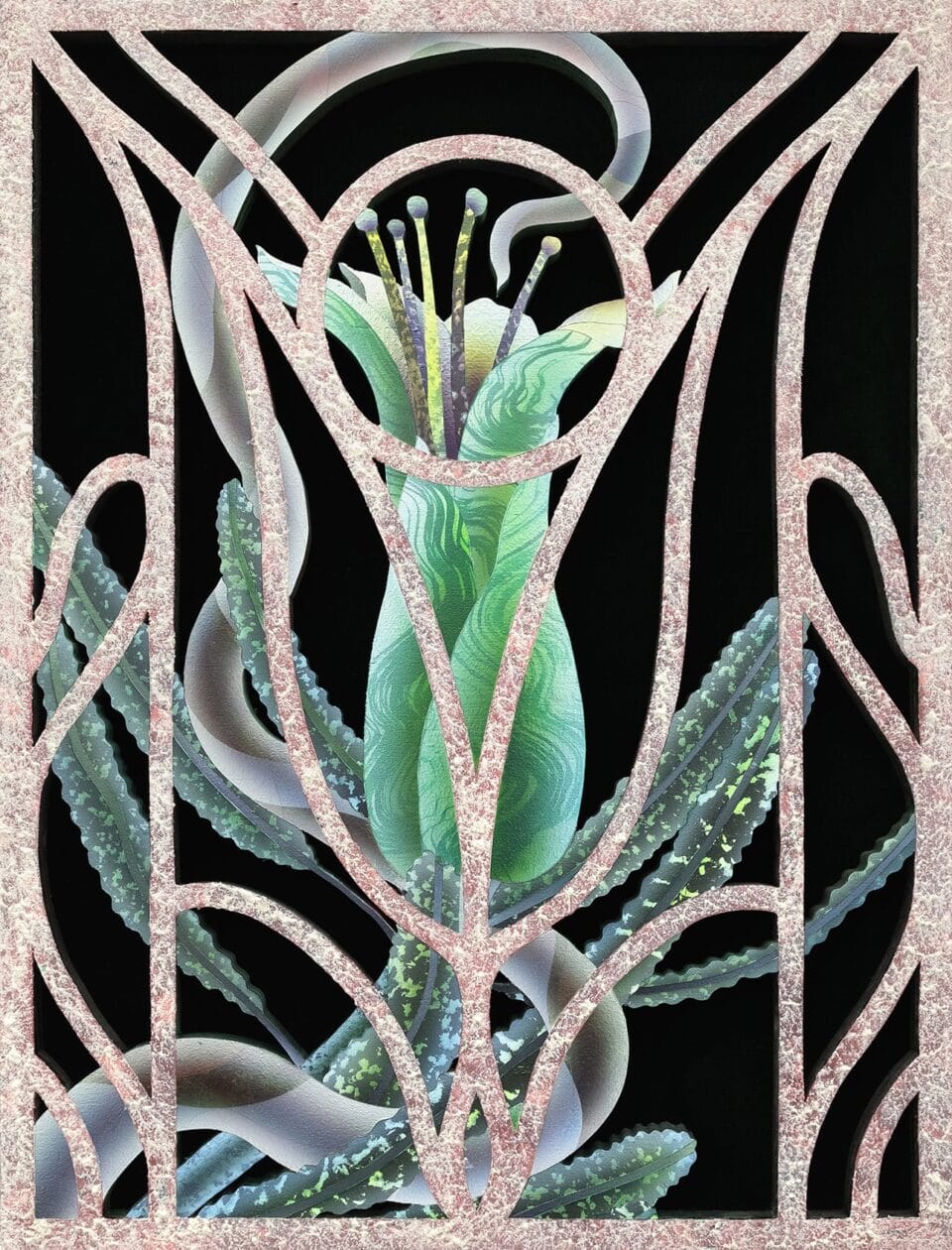 the side view of a painting on wood and velvet of otherworldly greenflowers behind an ornate barrier reminiscent of wrought iron