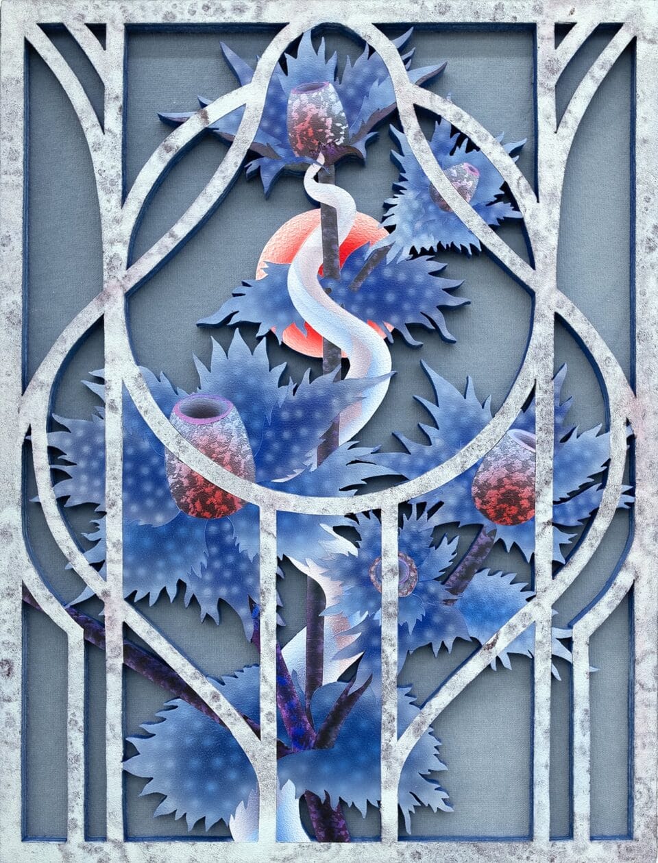the side view of a painting on wood and velvet of otherworldly blue spiky flowers behind an ornate barrier reminiscent of wrought iron
