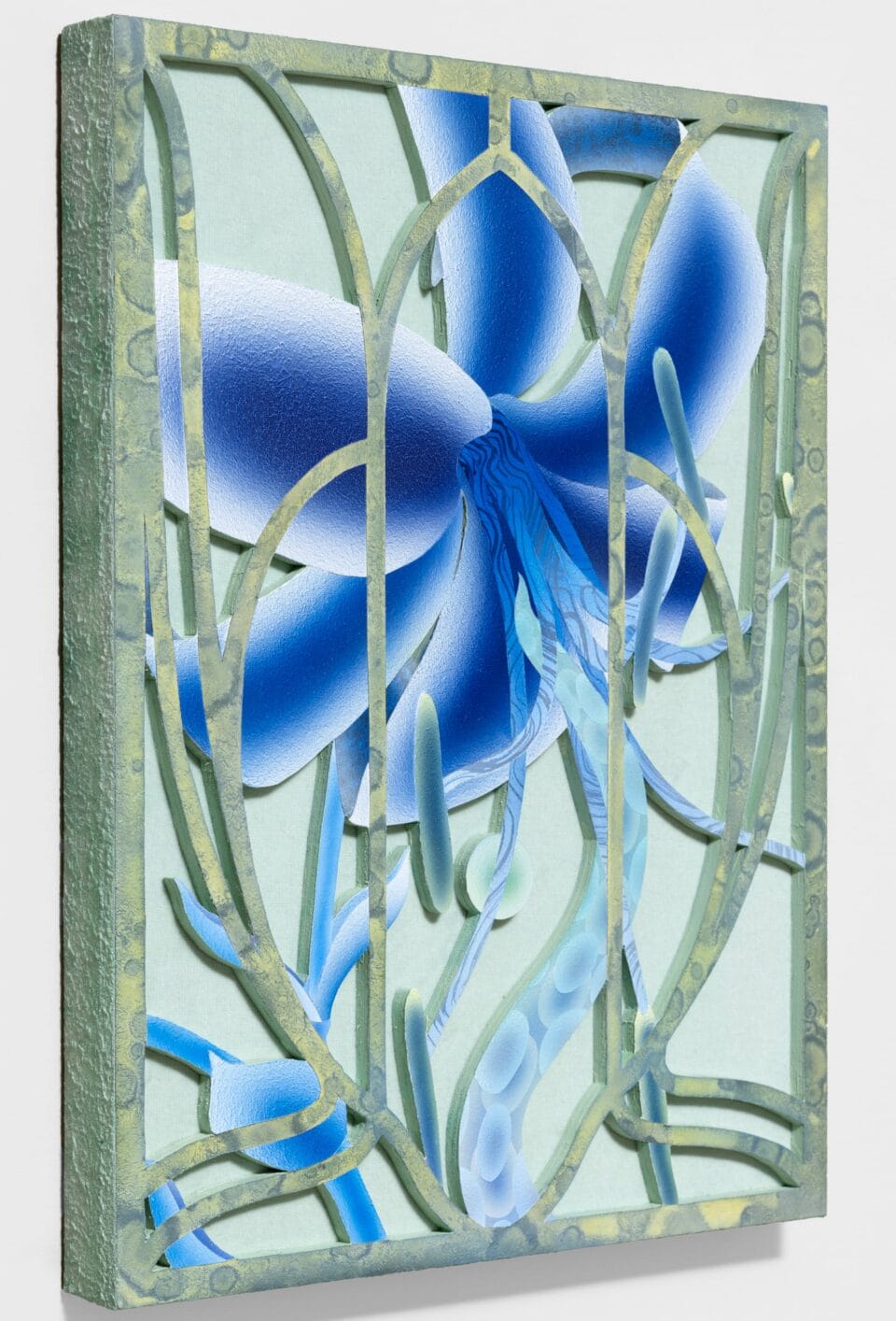 the side view of a painting on wood and velvet of otherworldly blue flowers behind an ornate barrier reminiscent of wrought iron