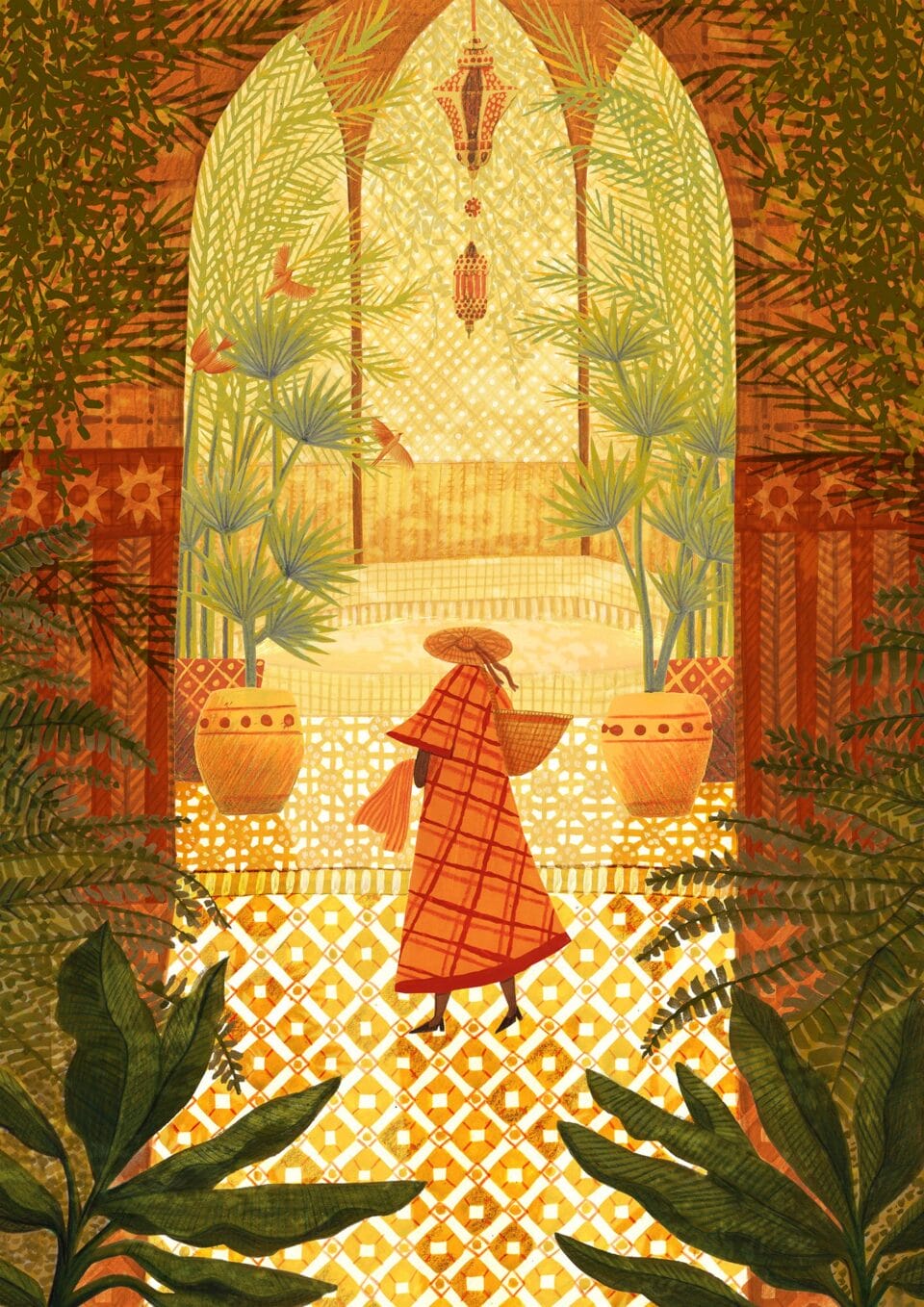 an illustration of a figure wearing an orange plaid coat, walking among some architecture and plants