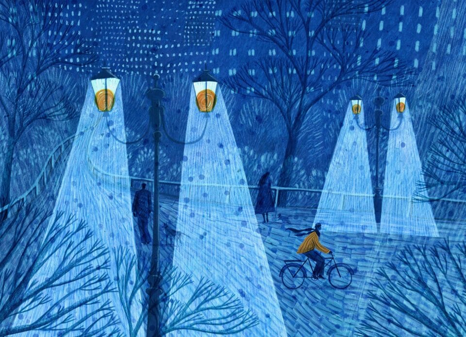 an illustration of a nighttime scene illuminated by street lights with a person riding by on a bike
