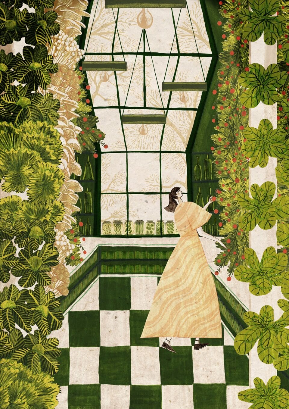 an illustration of a woman tending to some plants indoors in a room with black-and-white tile floors and large windows