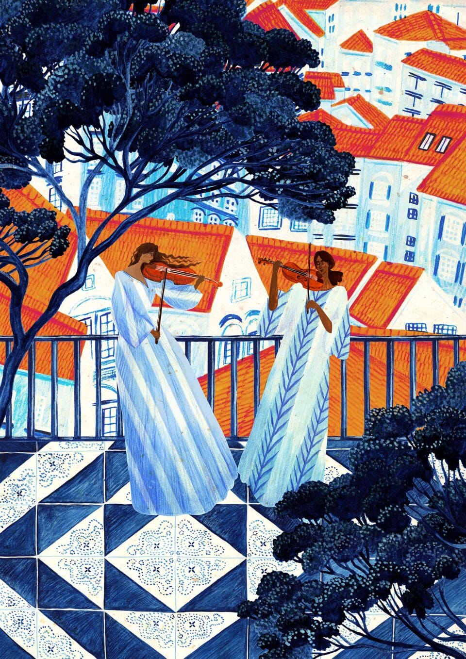 an illustration of two figures in blue dresses, standing on a balcony in a city and dancing