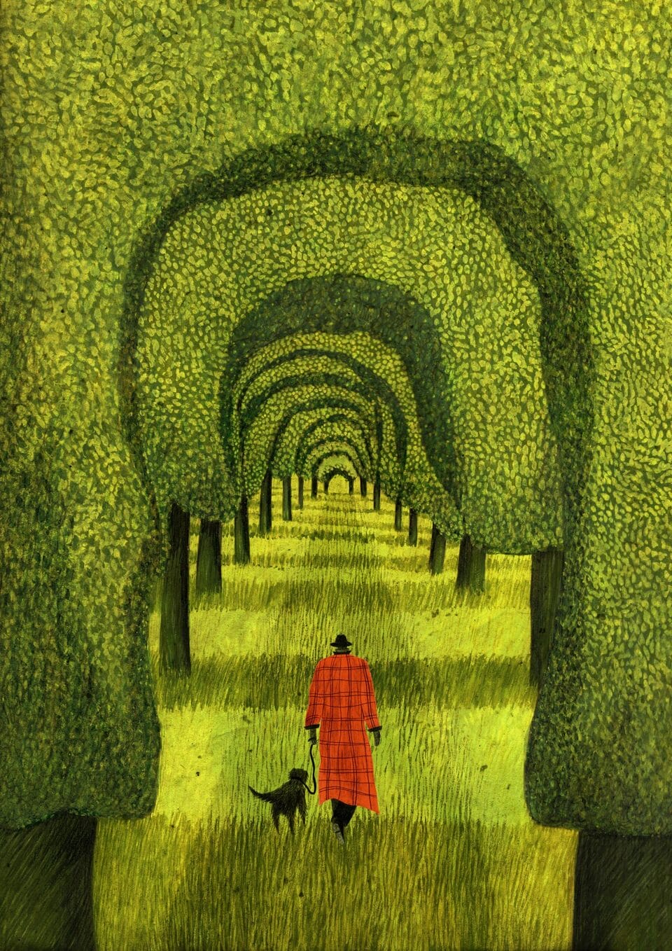 an illustration of a figure wearing a red coat and walking a dog through a tunnel of trees