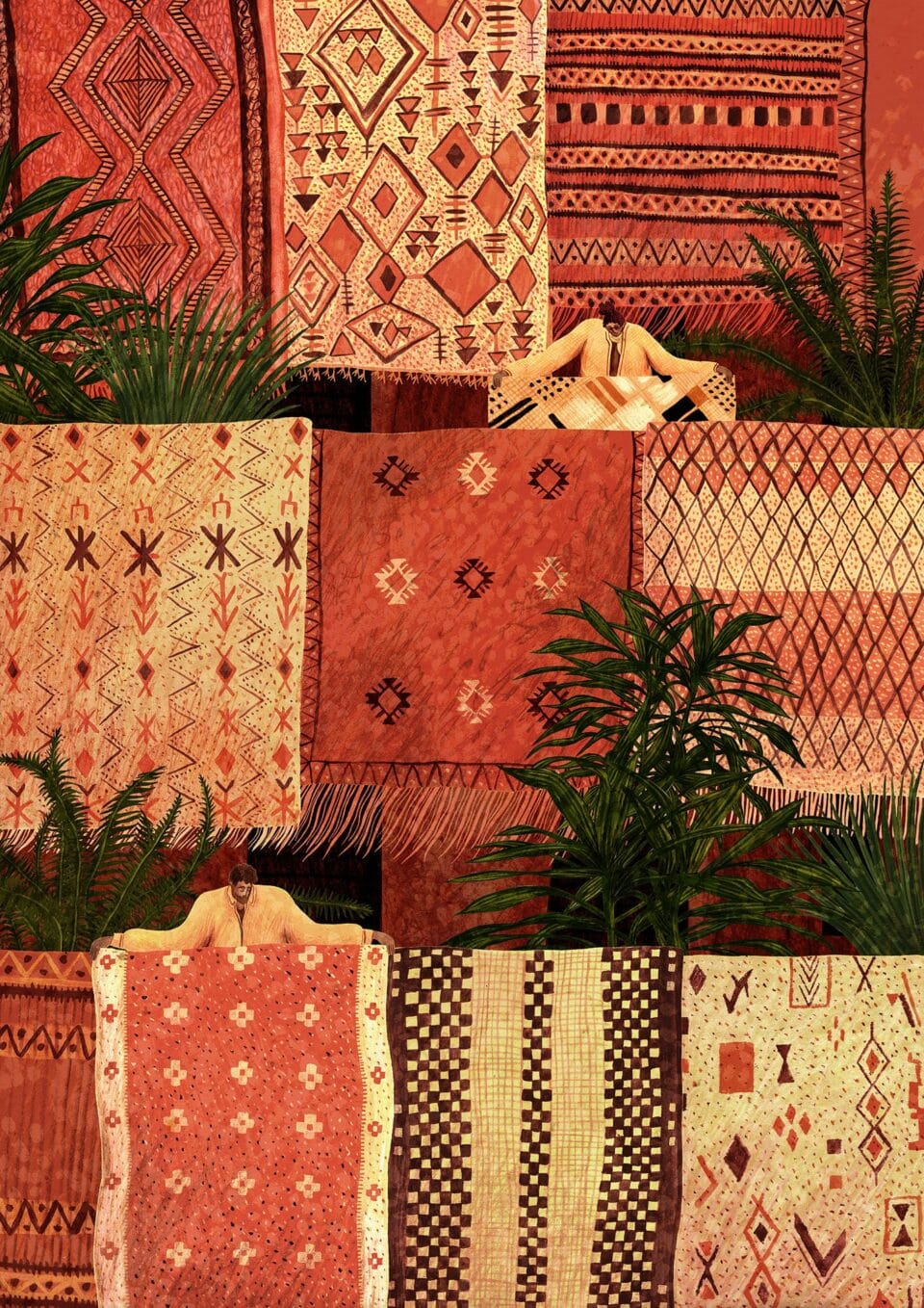 an illustration of a figure standing among numerous patterned rugs and textiles