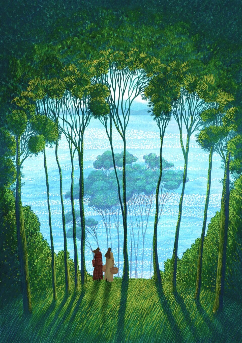 an illustration of a pair of people standing among some trees, overlooking a watery vista