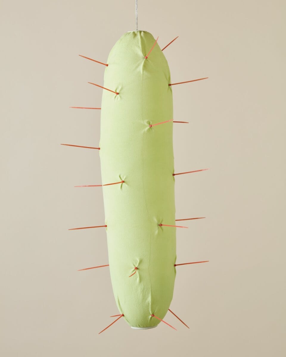 a detail of a suspended green lamp abstractly reminiscent of a tropical fruit