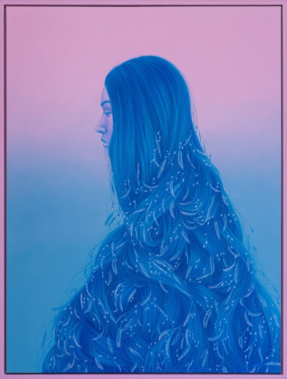 a blue and pink portrait of a woman with hair that wraps around her body and entwines with flowers