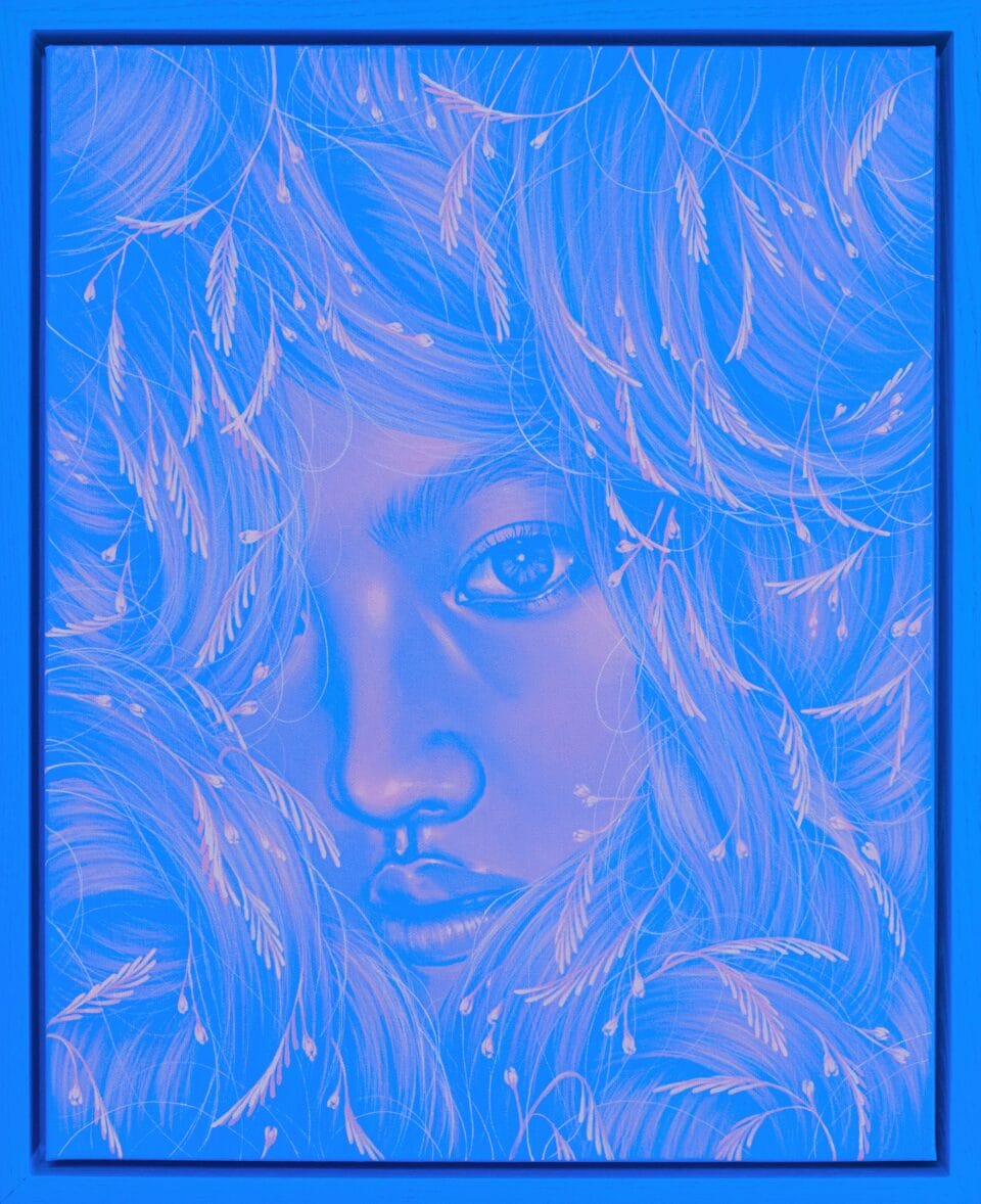 a blue and pink portrait of a woman peering through foliage