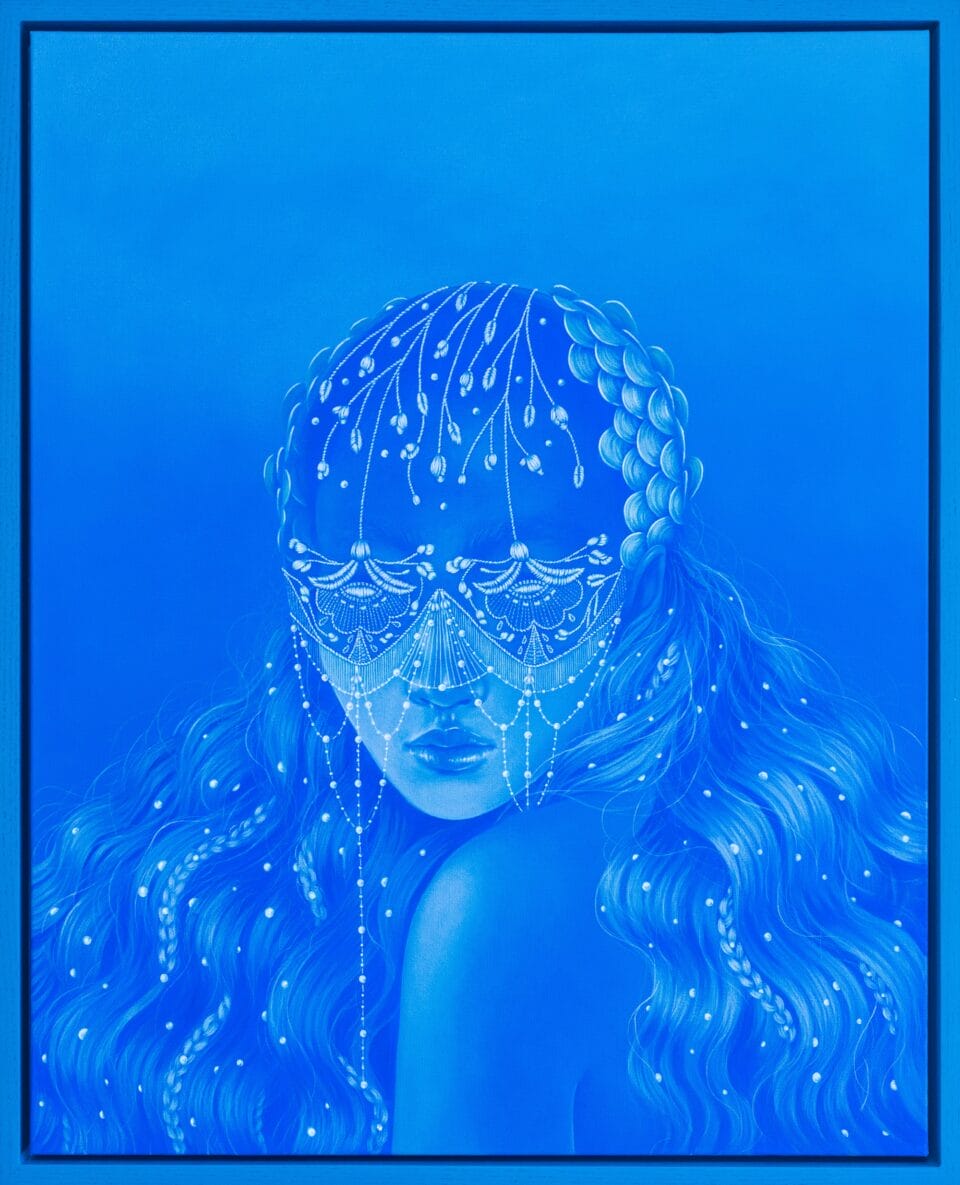 a blue portrait of a woman with a beaded veil and long flowing hair
