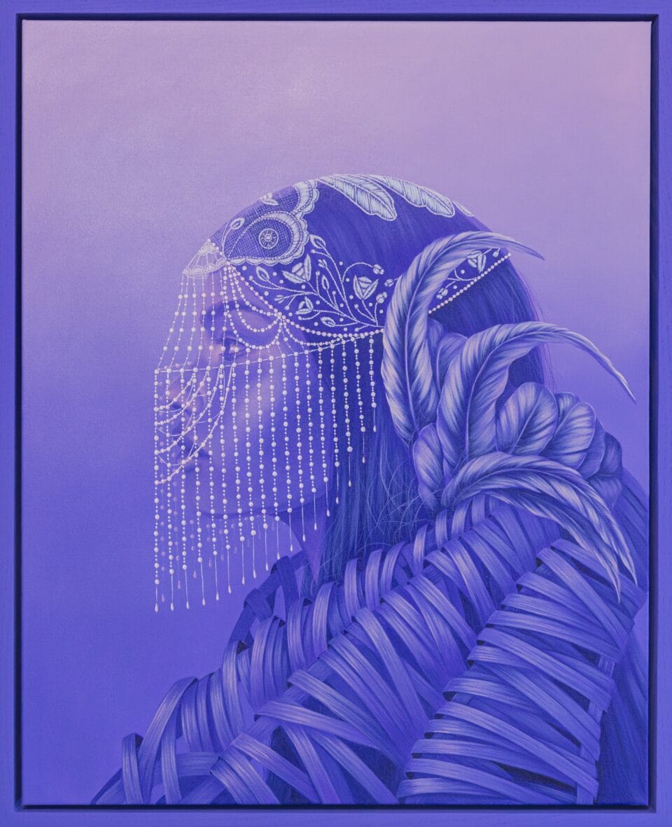 a purple portrait of a woman with a beaded veil and leaves