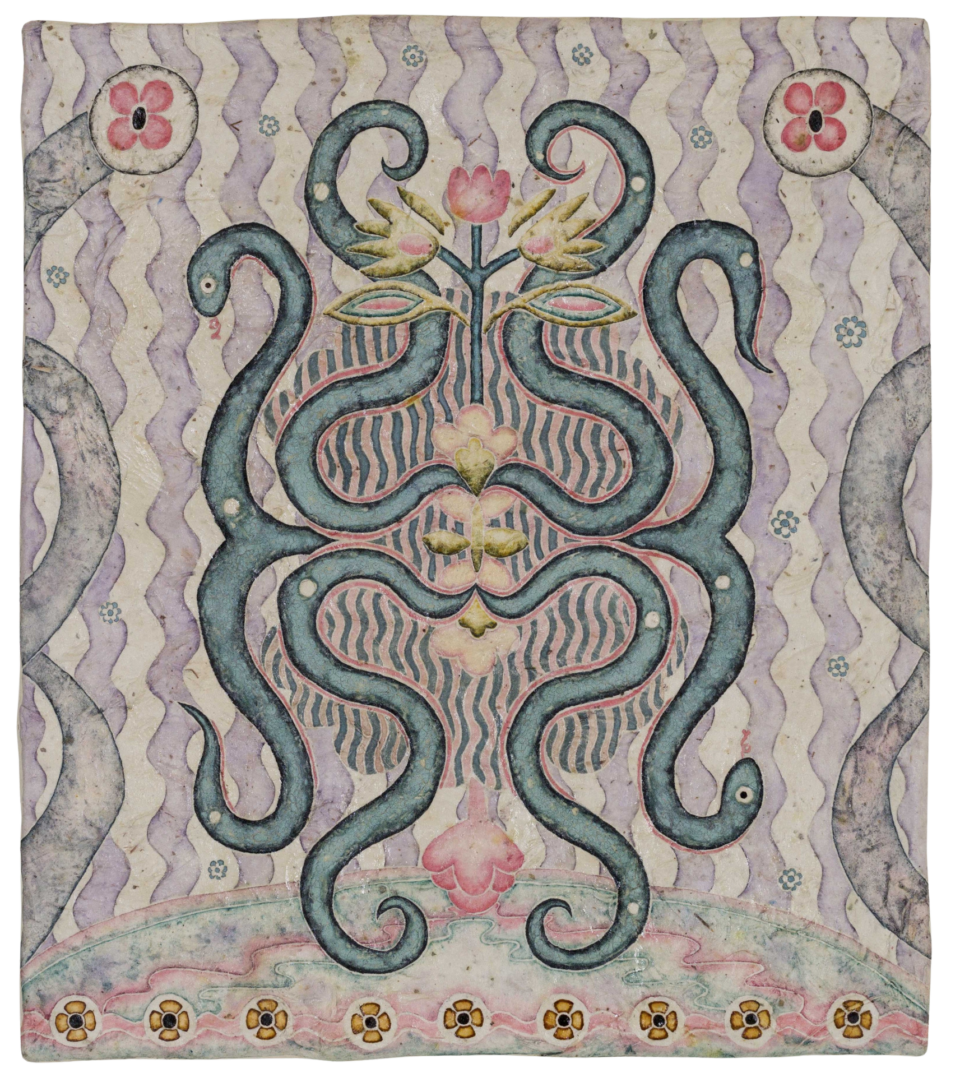 a symmetrical natural pigment painting by Omar Mendoza, featuring cosmic symbols and visual motifs evoking Mesoamerican ancestry