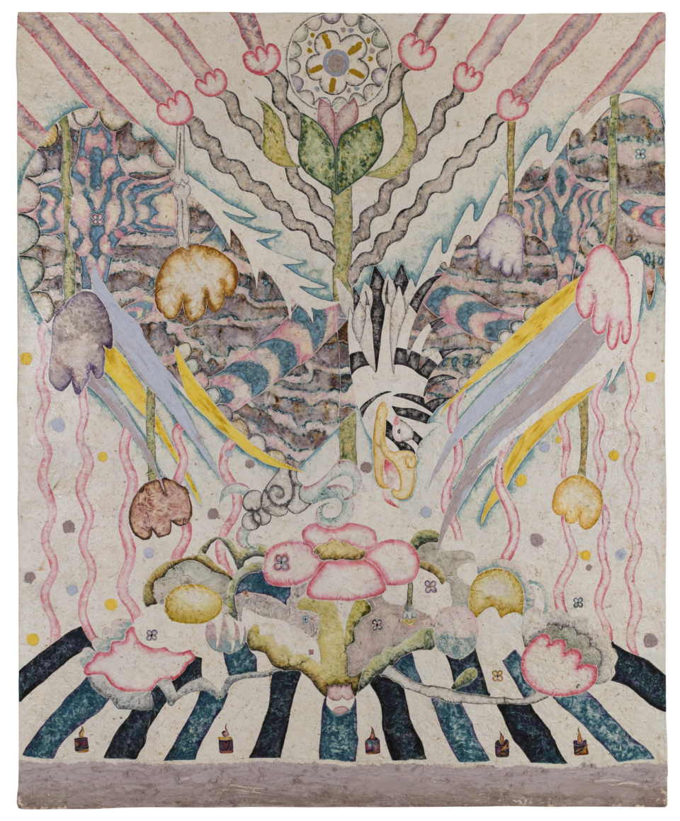 a natural pigment painting by Omar Mendoza, featuring cosmic symbols and visual motifs evoking Mesoamerican ancestry