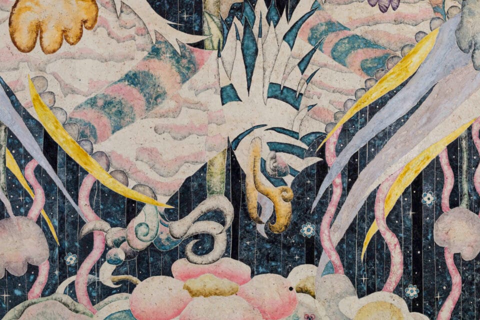 detail of a natural pigment painting by Omar Mendoza, featuring cosmic symbols and visual motifs evoking Mesoamerican ancestry