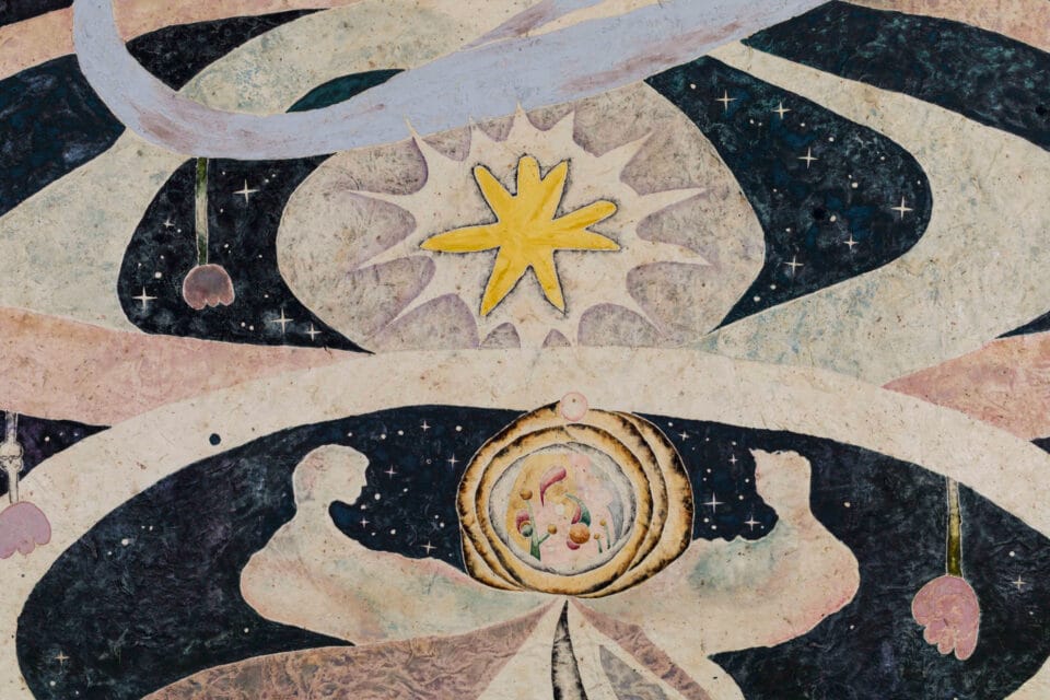 deatil of a natural pigment painting by Omar Mendoza, featuring cosmic symbols and visual motifs evoking Mesoamerican ancestry